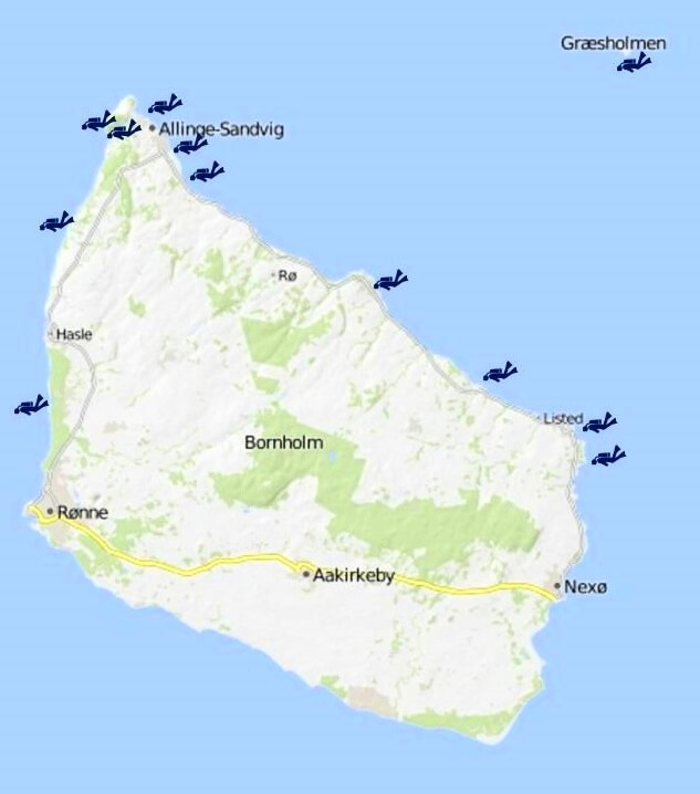 Karte der Tauchplätze auf Bornholm
